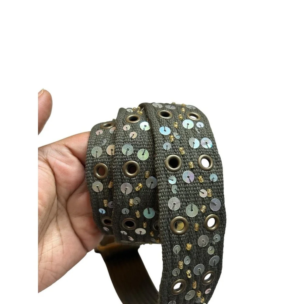 Boho Sequin Belt Y2K Hippie Festival Olive Green Earth Tone 90s Capsule Wardrobe